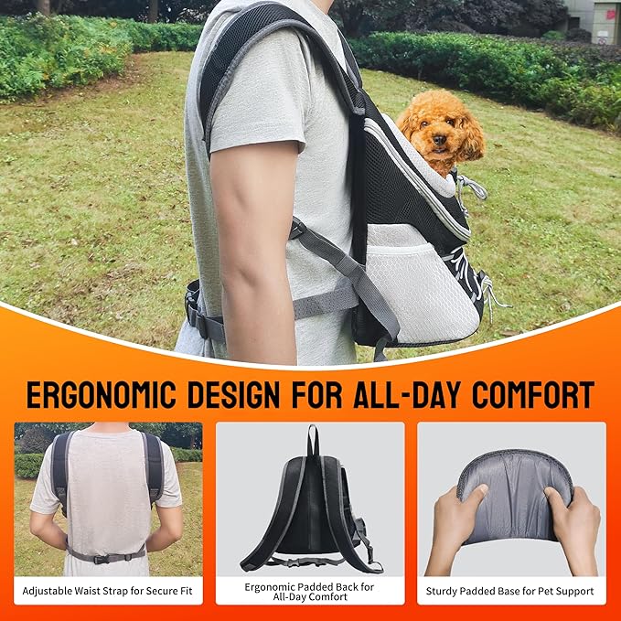 Dog Carrier Backpack for Small Dogs 2-15 lbs, Breathable Front Chest & Back Pet Carrier, Puppy Backpack with Safety Tether for Hiking Walking, Shoulder Bag for Dog, Black Grey (M)