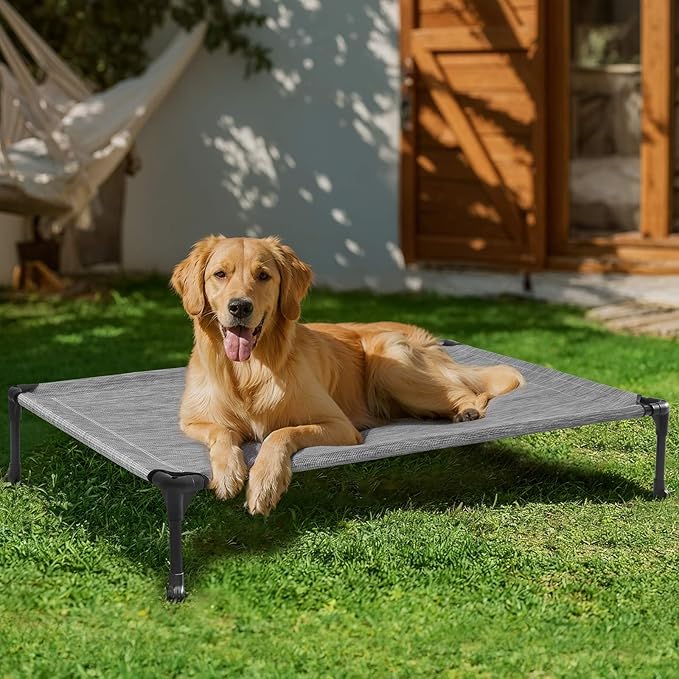 Veehoo Outdoor Elevated Dog Bed Large Sized Dogs, Extra Large Cooling Raised Dog Cots Beds Training Platform Off Ground Hammock with Breathable Mesh, No-Slip Feet, 45"x33", Black Silver