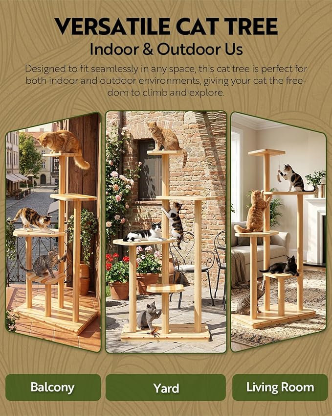 60" Tall Outdoor Cat Tree, Cat Tower Weatherproof for Patio,Garden,Balcony, Durable 4-Tier Natural Wood w/Scratching Posts for Multiple Cats,Outside&Indoor Adult Cats and Kittens Play, Climbing