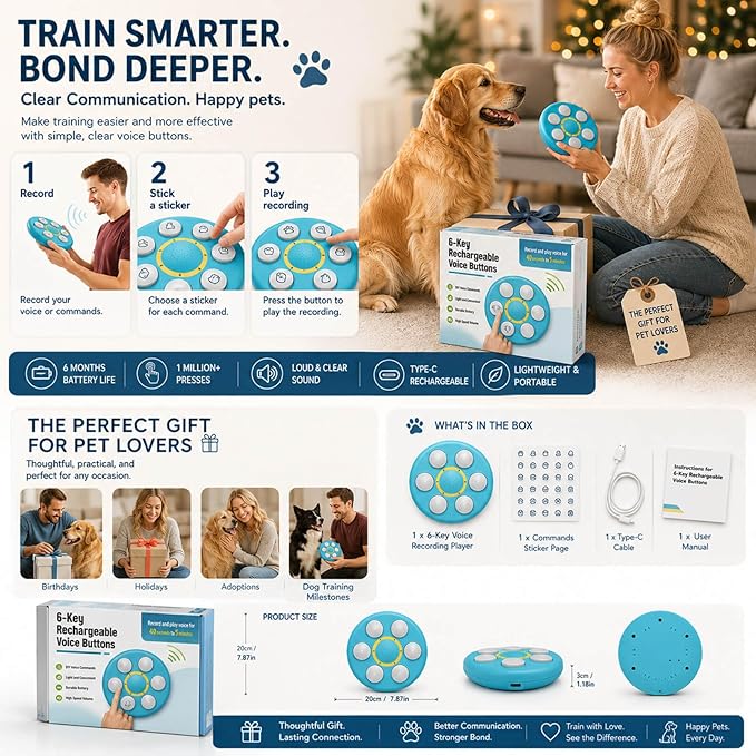 6-in-One Voice Recording Button, Dogs cat Talk& Speaking Buttons for Communication Pet Animal Training Buzzers, Classroom Fluent Answer 30 Second Record & Playback, Funny Gift for Study Office Home