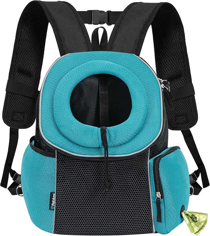 PetAmi Dog Carrier Backpack, Hands Free Front Pet Carrier for Small Cats Puppies, Adjustable Ventilated Reflective Pet Travel Bag for Hiking Camping Biking Walking, Up to 10 lbs, Teal Blue
