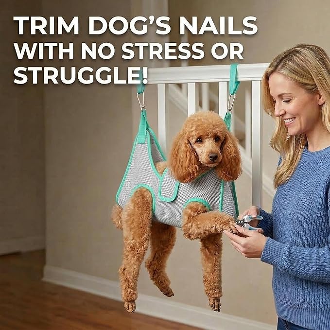 Dog Grooming Hammock, Adjustable Restraint Sling for Nail Trimming, Hands-Free Grooming Harness for Easy Bathing, Haircuts & Claw Care at Home, Grey S