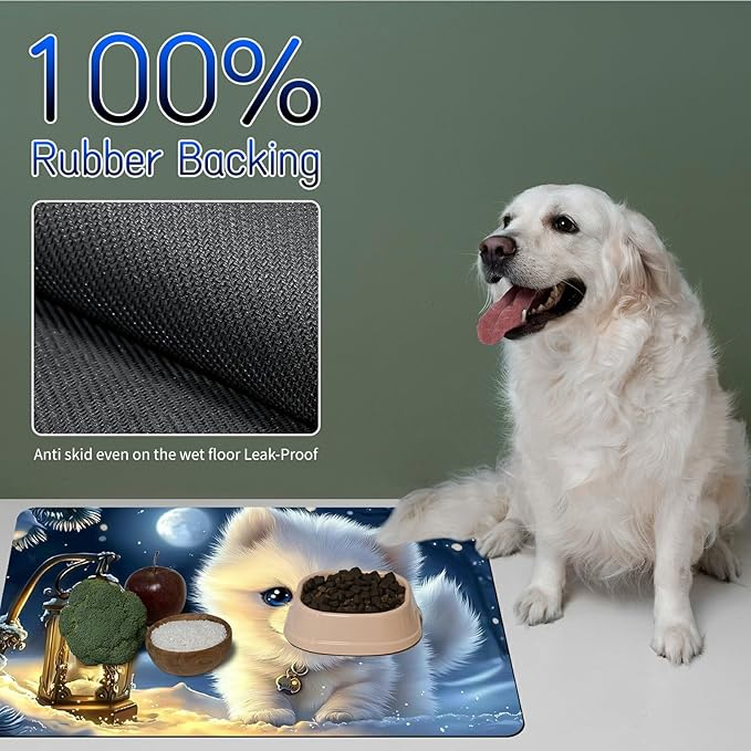 Dog Food Mat, 19.6" x 23.6" Absorbent Pet Feeding Mat for Food and Water, Waterproof Diatom Mud Pet Placemat with Non-Slip Rubber Backing, Easy Clean Cat Bowl Mat for Floors - White Snow Dog