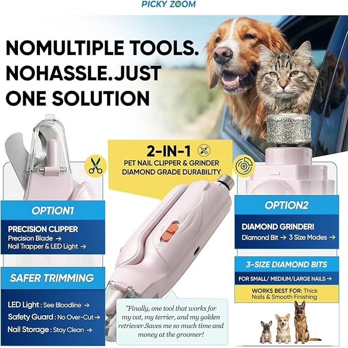 2-in-1 Dog & Cat Nail Clippers and Grinder with Light – Safety Guard to Avoid Overcutting, Sharp Blade, Painless Quiet Pet Nail Claw Trimmers, Professional Grooming Tool for Large Small Pets
