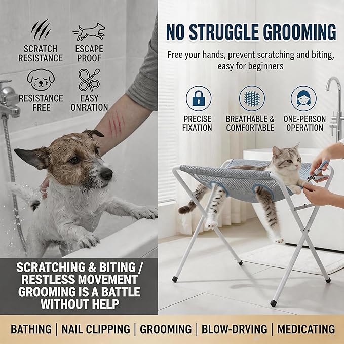 Pet Grooming Solutions Foldable Pet Grooming Hammock Stand for Small Cats and Dogs, Gray Breathable Mesh, Bathing, Nail Clipping, Grooming