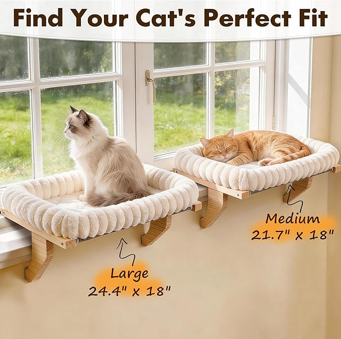 Zoratoo Cloud-Cuddle Cat Perch for Window Sill with Bolster, Natural Wood & Metal Frame Cat Window Seat for Large Cats, Easy to Adjust Zipper Cushion Pet Bed for Windowsill (Medium)