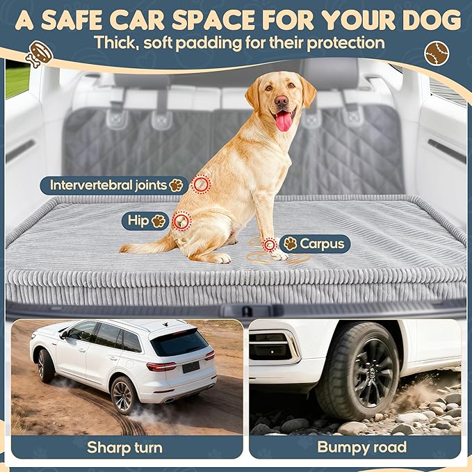 Dog Car Bed, Non-Slip Backseat Extender Pet Mat, Removable Washable Dog Bed for SUVs, Sedans & Trucks, Anti-Slip Travel Bed for Dogs, Easy Clean & Scratch-Proof & Comfort (Gray, 56" Lx28.7 W×2" H)