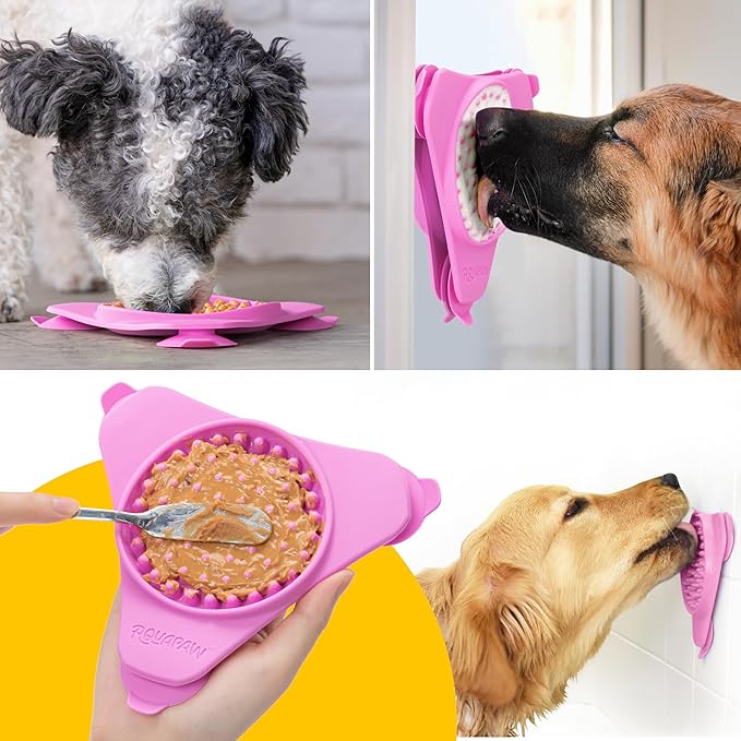 Aquapaw Anti-Slip Dog Lick Mat - Suction Cup Slow Feeder Pad - Calming Bath & Grooming Aid - Mental Stimulation Treat Toy - Pink