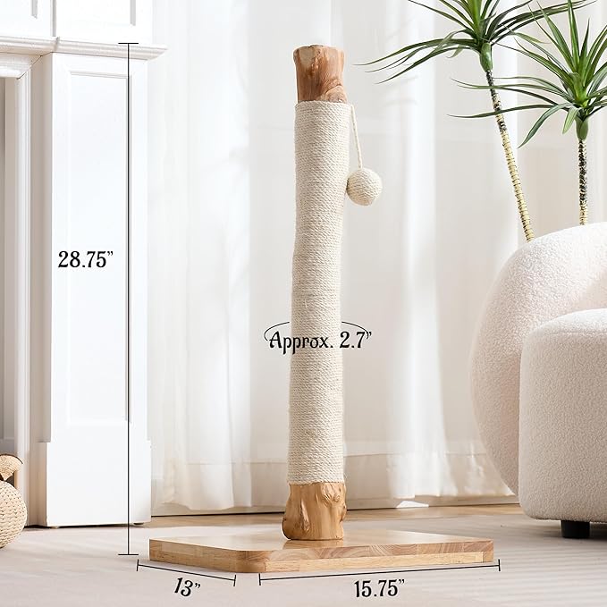 29" Tall Solid Wood Cat Scratching Post for Indoor Cats, Extra Stable Heavy Base, Natural Sisal Scratcher with Hanging Ball, Furniture Protector for Kittens & Adult Cats, White