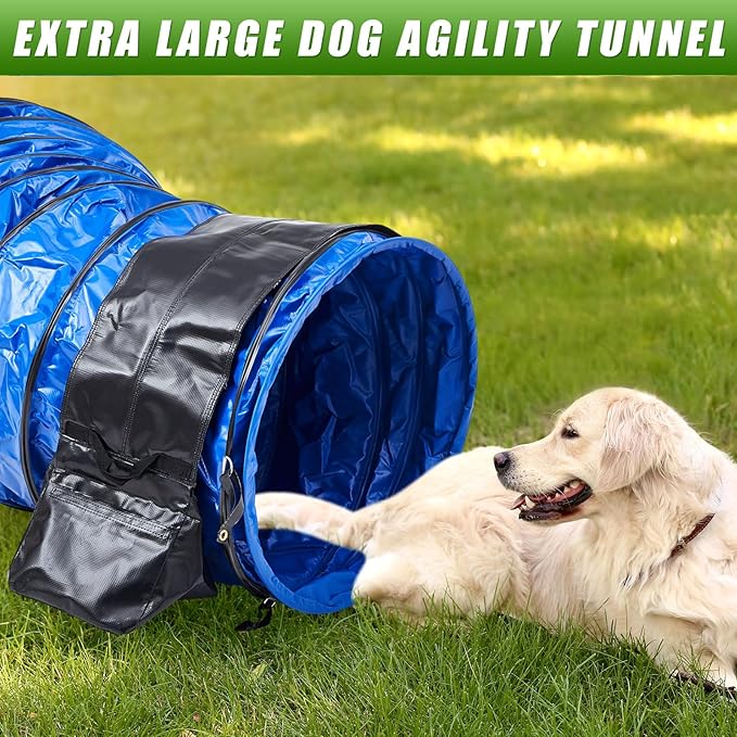 Briwooody 28 in 10 Foot PVC Dog Agility Tunnel with Sandbags Dogs Agility Training Equipment Tunnel with 2 Pack Sandbags, Carry Bag and 4 Ground Spikes for All Medium Large Dogs(Blue)