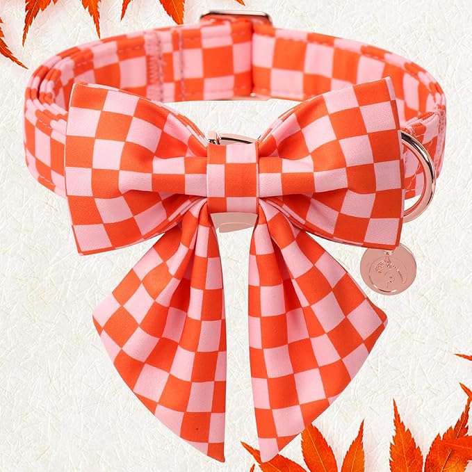 DOGWONG Orange Pink Plaid Dog Collar with Bow - Adjustable and Comfortable Autumn Dog Collar Fall Necklace for Large Medium Small Pet,S
