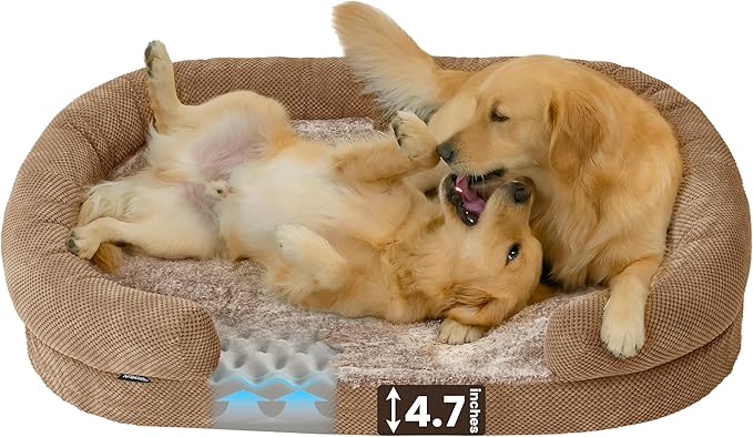 Orthopedic Dog Bed for Extra Large Dogs, XXL 52 Inches Oval Pet Bed with Memory Foam, Removable Washable Cover, Bolstered Sides, Non-Slip Bottom, Designed for Senior Dogs, Camel