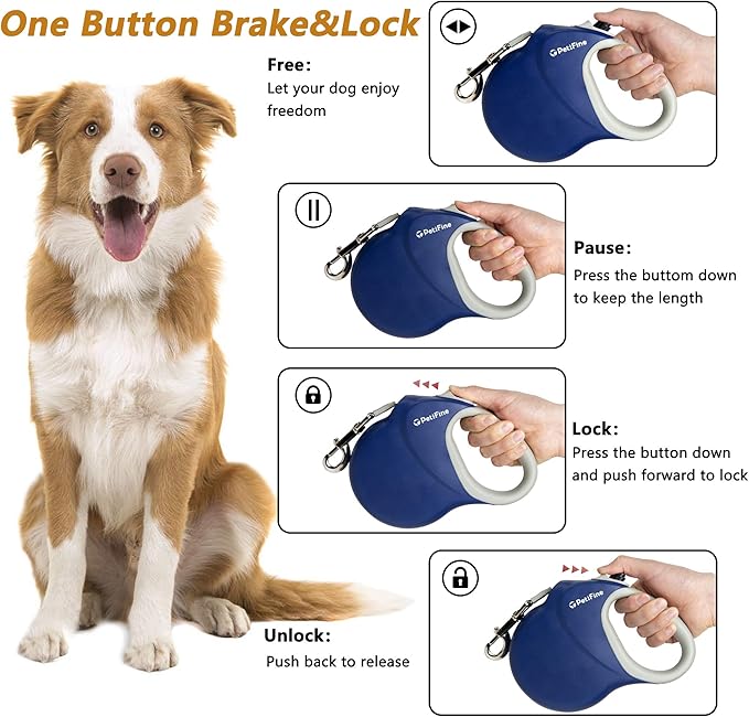 PetiFine 26ft/8m Heavy Duty Retractable Dog Leash for Large Dogs,Strong Extendable Dog Leash Up to 110 lbs, Reflective Nylon Tape Tangle Free (Blue)
