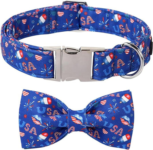 Lionet Paws 4th of July Dog Collar with Bowtie, Cute Summer Blue Dog Collar for Girl for Small Dogs, Adjustable Popsicle Pet Puppy Collars for Small Dogs
