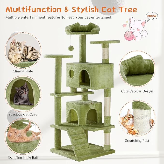 Sweetcrispy 54 Inch Cats Tree Tower, Multi-Level with Cat Scratching Post, Indoor Cat Condo with Climbing Ladder, Plush Toy, Play House for Cats, Green