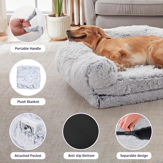 Foldable Human Dog Bed for Adults, Human Sized Dog Bed with Orthopedic Foam, Fluffy Faux Fur Pet Couch with Waterproof Liner, Non-Slip Bottom, Washable Cover, Cozy Floor Lounger - Grey