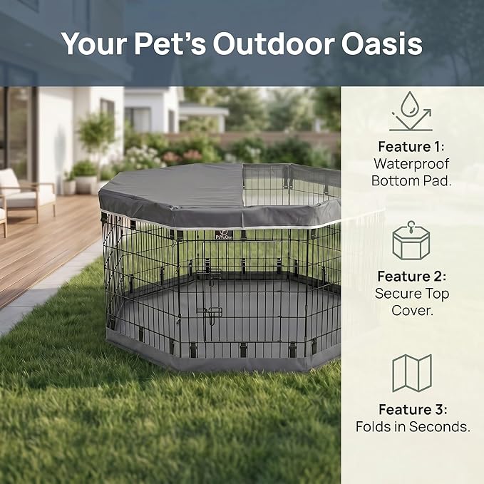 PJYuCien Octagonal Dog Playpen with Top Cover and Bottom Pad - Metal Foldable Exercise Pen, 8 Panels 36" H x 24" W Indoor Outdoor Pet Fence Puppy Crate Kennel, Gray