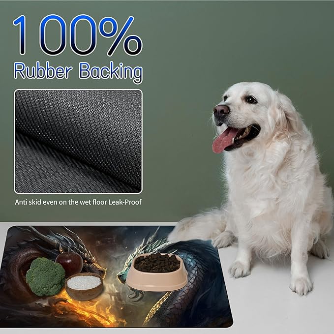 Dog Food Mat, 15.7" x 23.6" Absorbent Pet Feeding Mat for Food and Water, Waterproof Diatom Mud Pet Placemat with Non-Slip Rubber Backing, Easy Clean Cat Bowl Mat for Floors - Dragon Flame
