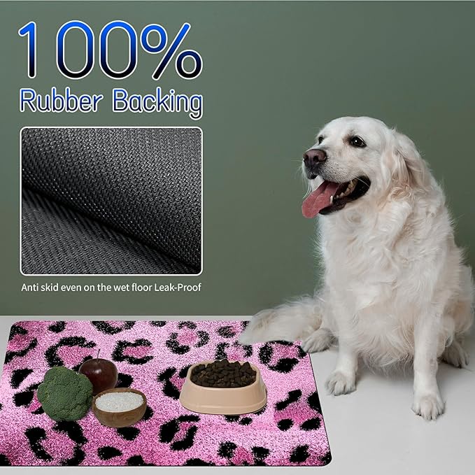 Dog Food Mat, 19.6" x 23.6" Absorbent Pet Feeding Mat for Food and Water, Waterproof Diatom Mud Pet Placemat with Non-Slip Rubber Backing, Cat Bowl Mat for Floors - Pink Leopard Print