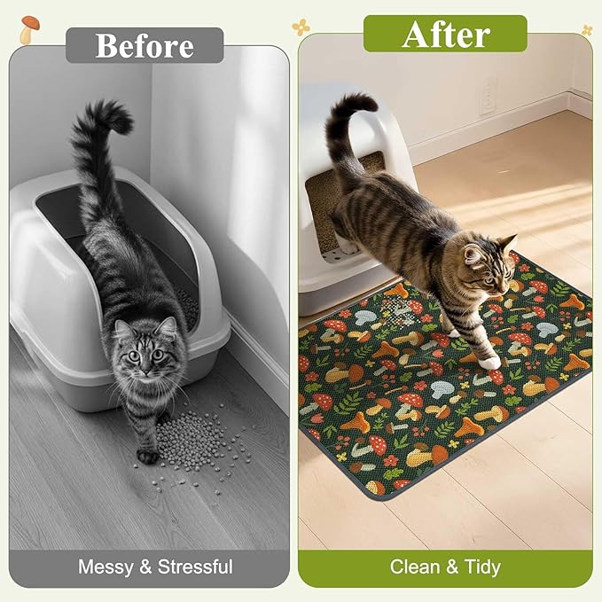 Unicorn Catcher 24X15in Cat Litter Mat Machine Washable Soft 3D Air Mesh Litter Box Rug Non-Slip Backing Quick Dry Scatter Control for Paws,Green Mushrooms