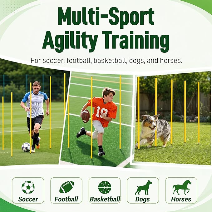 6 Pcs Soccer Agility Poles for Training, 5 FT Adjustable Speed and Agility Training Equipment for Football/Basketball/Horse/Dog Practice, Soccer Sticks with Steel Ground Nails Outdoors