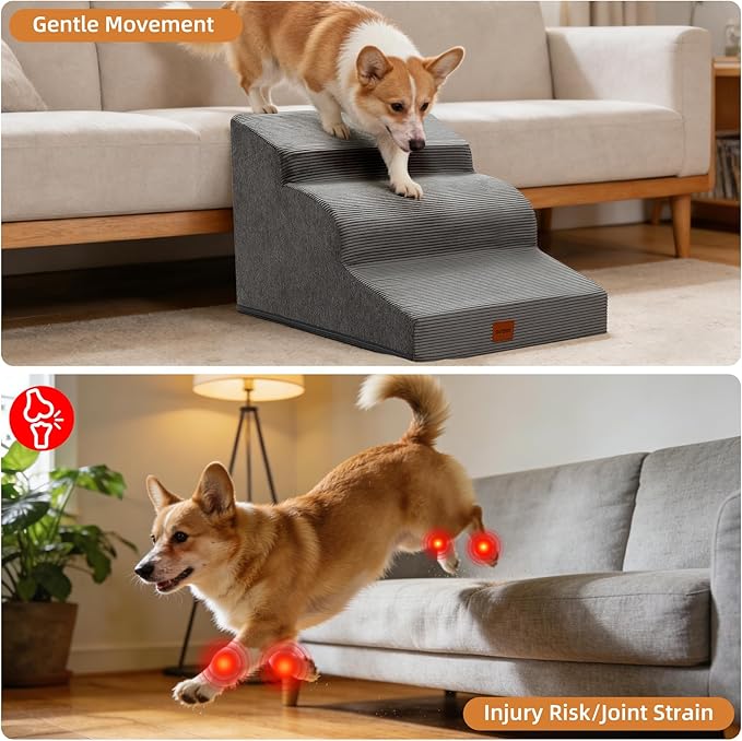 Dog Stairs for Small Dogs and Cats, 15.7" H, 3-Step Curved Pet Ramp for Couch Sofa and Chair, Non-Slip Medium Pet Steps with High Density Foam, Grey
