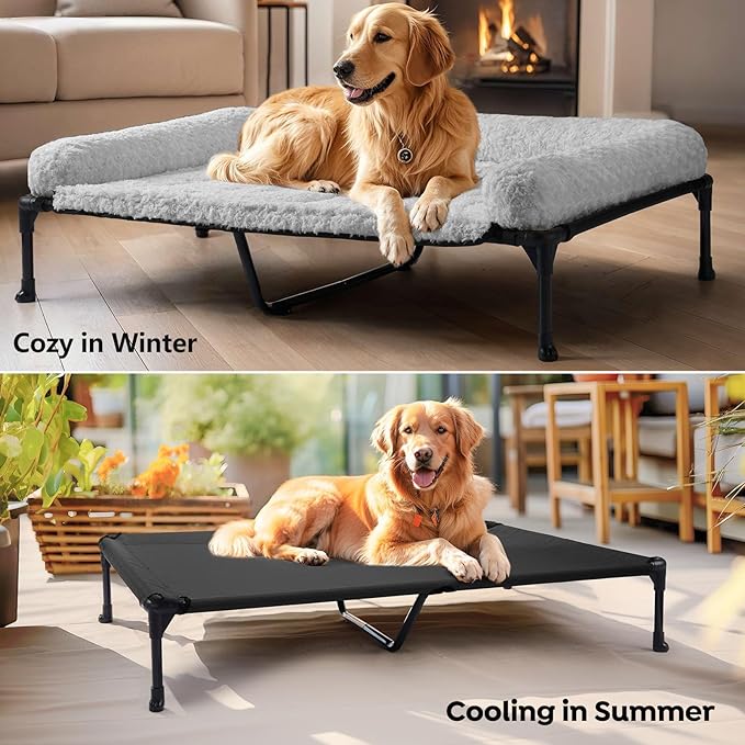 Veehoo Orthopedic Elevated Dog Bed Add Removable Deluxe Rose Plush Bolster Cushion Mat, 47" x 29" Washable Dog Couch Bed, Raised Pet Cot with Breathable Teslin Mesh, No-Slip Feet, Grey, CWC2439B