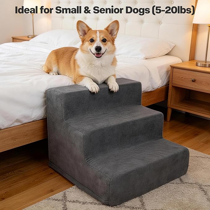 Pawise 3 Step Dog Stairs for Small Dogs Cats, Blue Suede Pet Steps, Non-Slip Pet Stairs for Couch Sofa Bed, Indoor Portable Dog Ramp with Zipper Bottom for Medium Large Dogs and Puppy