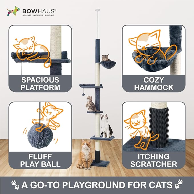 BOWHAUS Floor to Ceiling Cat Tree, Adjustable Height 104”-115” Multi-Tier Cat Climbing Tower w/Itching Scratcher, Cozy Hammock, Interactive Playball, Platforms for Indoor Cats, Beige
