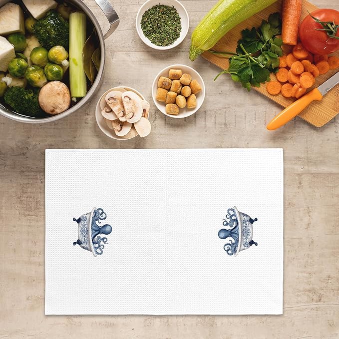 Chinoiserie Coastal Beach Octopus Hand Towels, Ocean Nautical Beachy Hand Towel for Bathroom Decor, Octopus Bathroom Decor, Coastal Marine Decorative Towels for Washroom Restroom 16x24 Inch