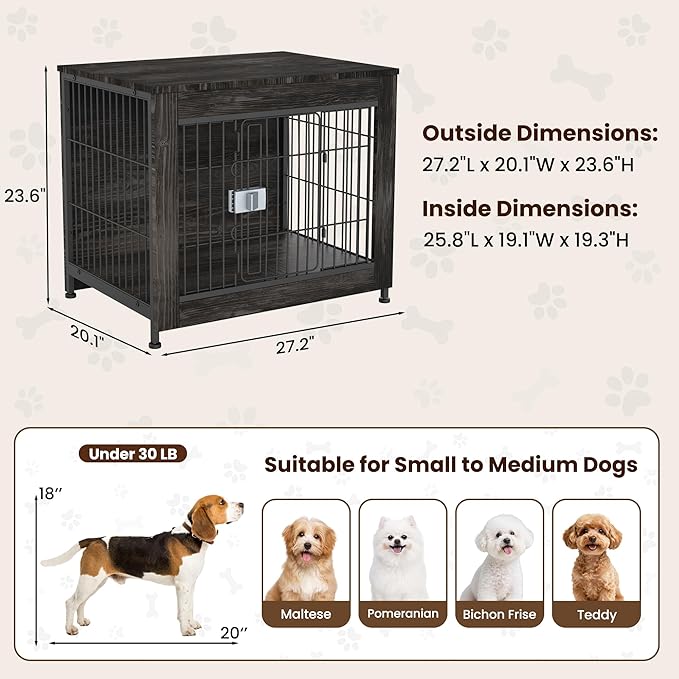 Wooden Dog Crate Furniture, 27in Dog Cage Furniture with Slide Safety Latch, Indoor Decorative End Table for High Anxiety Dogs, Furniture Style Dog Crate for Small to Medium Dogs, Rustic Brown