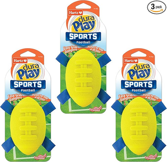 Hartz Dura Play Sports Football Dog Toy, Bacon Scented Squeaky Latex Yellow & Blue Toy, 3 Count