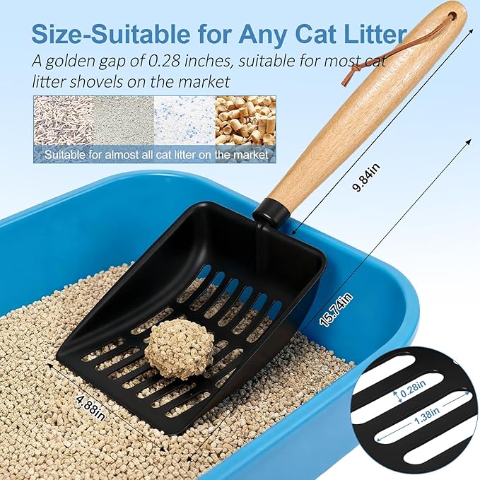 Cat Litter Scoop, Metal Litter Scoop, Heavy Duty Metal Cat Scooper for Litter Box, Black Sifter Scoop for Pellets, Wooden Handle Scoop with Hole, Kitty Necessity (Cat Litter Scoop Long)