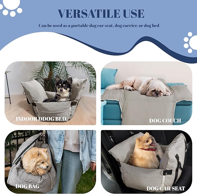 Versatile Dog Booster Car Seat Bed for Small Dogs Puppy Cats Pet Carrier with Side Pockets, Expandable Dog Bed Auto, Brown Stripes