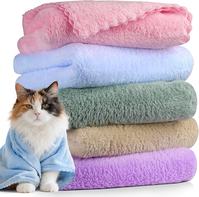 DuckSky 5Pcs 29.5 x 13.77'' Cat Towels Microfiber Pack Bulk, Quick Drying Absorbent Pet Puppy Towels for Pet Kitten Grooming，Hair Drying Small Puppy Dog，Bathing Shower