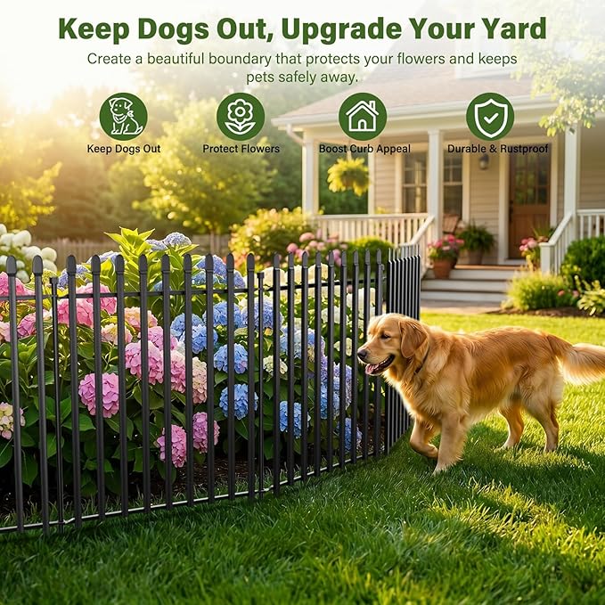 8 Panels No Dig Decorative Garden Fence with Gate, 48in(H) × 17.6ft(L) Heavy-Duty Rustproof Metal Panels, Outdoor Dog Barrier for Yard & Patio, Landscape, Border| Portable Temporary Fencing