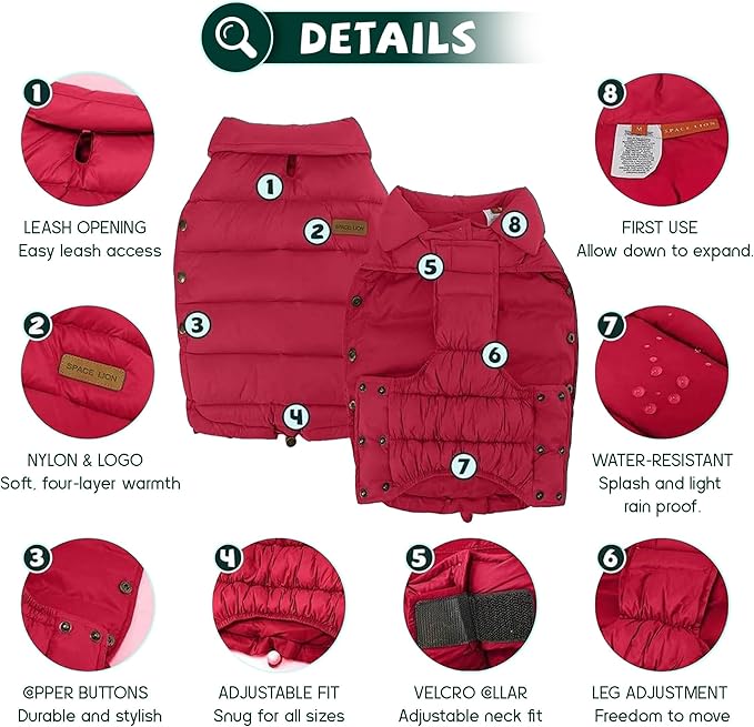 SPACE LION Dog Puffer Jacket, Down Winter Coat, Durable Outdoor Coat for Cold and Windy Conditions, Lightweight & Adjustable Fit Coats for Small Dogs, (Red, Size8/XS)