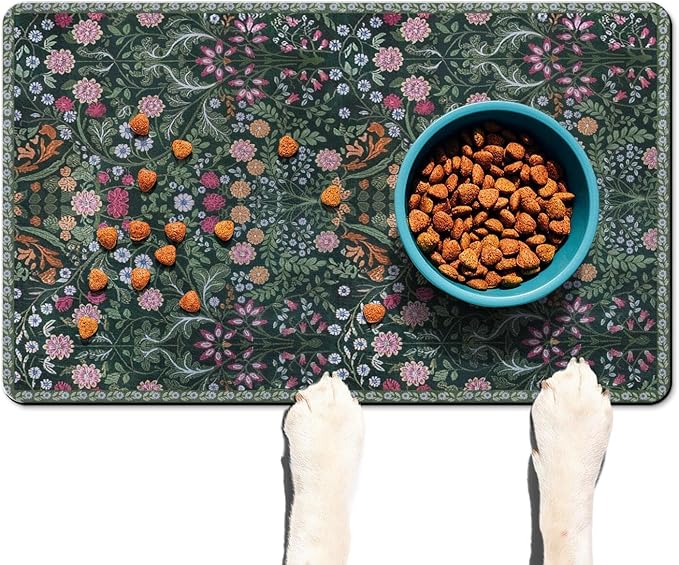 Floral Dog Food & Water Mat, Boho Vintage Pet Feeding Mat for Floor Non-Slip Waterproof, Super Absorbent Cat Bowl Mat, Easy to Clean Durable Pet Placemat,16" × 24"