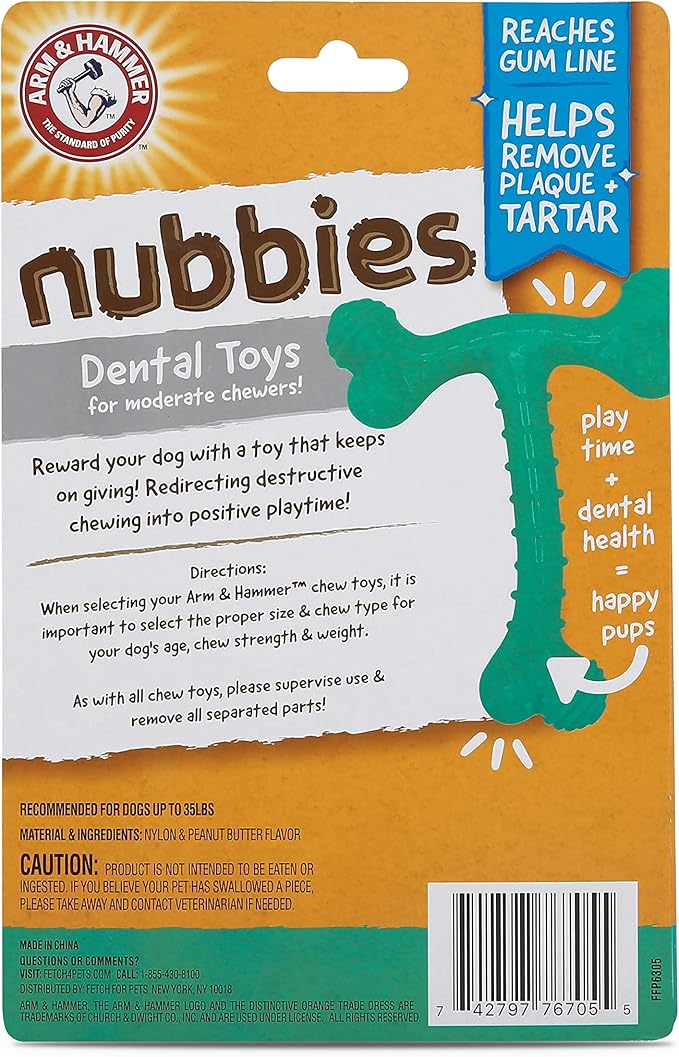 Arm and Hammer Nubbies T-Bone Dental Dog Chew Toy with Peanut Butter Flavor, TPR Nubs Clean Teeth and Gums, Durable Nylon Chew for Aggressive Chewers, Helps Reduce Plaque and Tartar