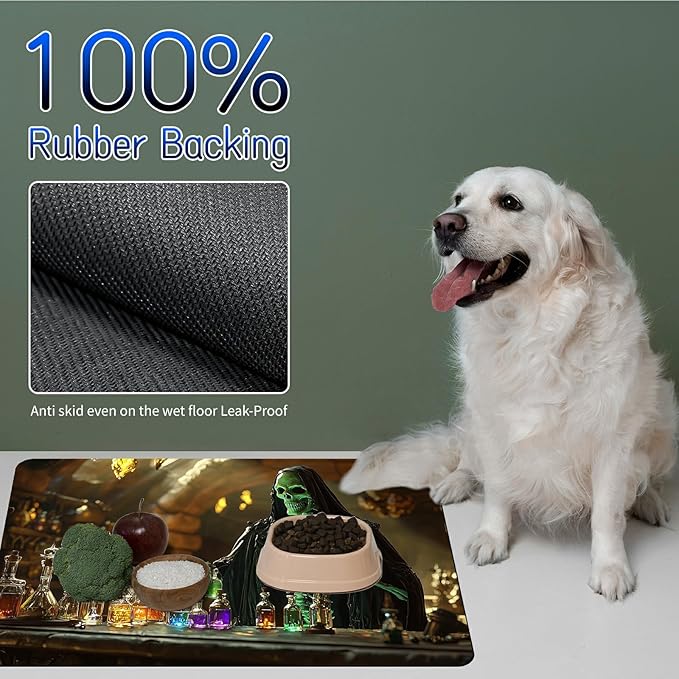 Dog Food Mat, 19.6" x 23.6" Absorbent Pet Feeding Mat for Food and Water, Waterproof Diatom Mud Pet Placemat with Non-Slip Rubber Backing, Cat Bowl Mat for Floors - Experimental Skull