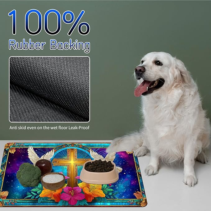 Dog Food Mat, 19.6" x 23.6" Absorbent Pet Feeding Mat for Food and Water, Waterproof Diatom Mud Pet Placemat with Non-Slip Rubber Backing, Cat Bowl Mat for Floors - White Dove Flower