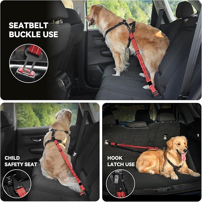 Pawaboo Dog Seat Belt Harness for Car, Dog Car Harness Seatbelt with Double Clips, Adjustable Breathable Pet Vest & Dogs Safety Tether with Elastic Bungee for Small Medium Large Pet, XL, Red+Black