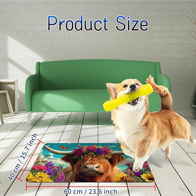 Dog Food Mat, 15.7" x 23.6" Absorbent Pet Feeding Mat for Food and Water, Waterproof Diatom Mud Pet Placemat with Non-Slip Rubber Backing, Cat Bowl Mat for Floors - Rainbow Flower Bull