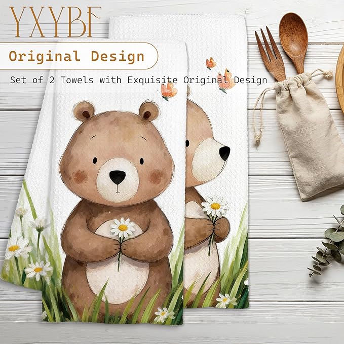Spring Floral Bear Hand Towels for Kids Bathroom Washroom Decor 16x24 Inches, Gifts for Bear Lovers, Cute Forest Animal Kids Bathroom Towels Decorative, Set of 2