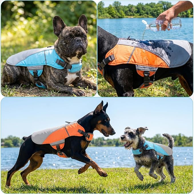 DENTRUN Dog Cooling Vest with Dual Absorbent Core, Adjustable Sun Protective Vest for Hot Weather, Doggie Ice Jacket Hiking Travel Summer Essentials, Reflective, Sun Protective Vest, Orange XXL