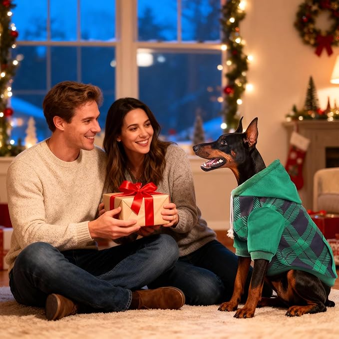 Dog Basic Hoodie Soft Dog Clothes Cold Weather Sweaters for Medium Large Dogs Cozy Fabric Warm Sweatshirt with Leash Hole for Boys (Green Plaid, Medium (10-20 lbs))