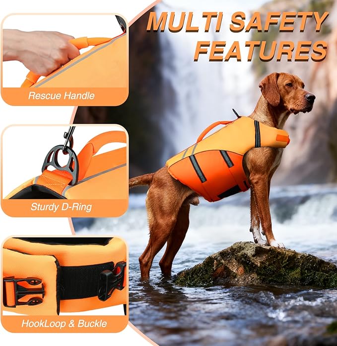 VIVAGLORY Sports Style Dog Life Vest, Dog Life Jacket for Swimming & Boating, Ripstop & Buoyancy for Puppy Doggy, Lifejacket with Handle, XL, Dark Orange