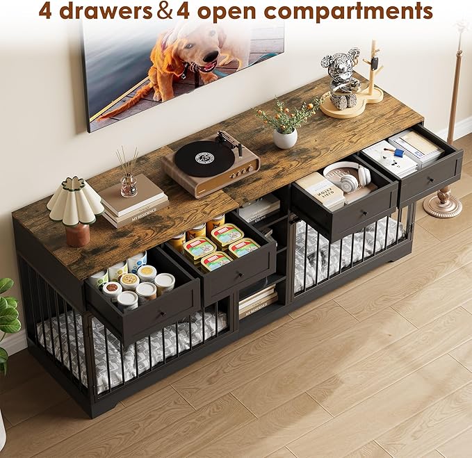 IDEALHOUSE 82" Large Dog Crate for 2 Dogs, Dog Kennel Indoor with 4 Drawers and Shelves, Double Dog Crate Furniture TV Stand, Wooden Dog Cage for Medium Large Dogs, Black