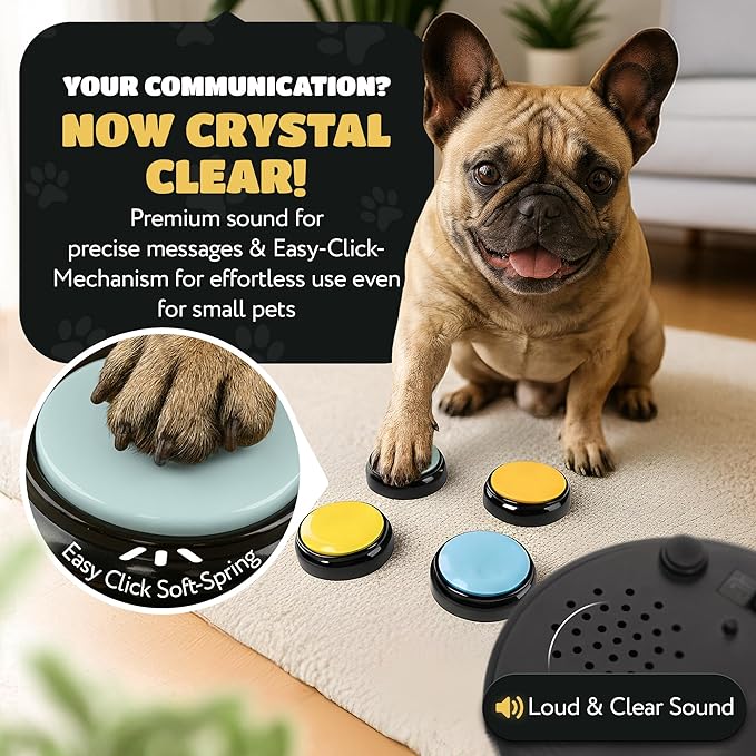 KUL KING'S Waterproof & Non-Slip Dog Talking Buttons - 4 Recordable Buttons with Batteries, Stickers, Training Guide - Talking Dog Buttons for Communication