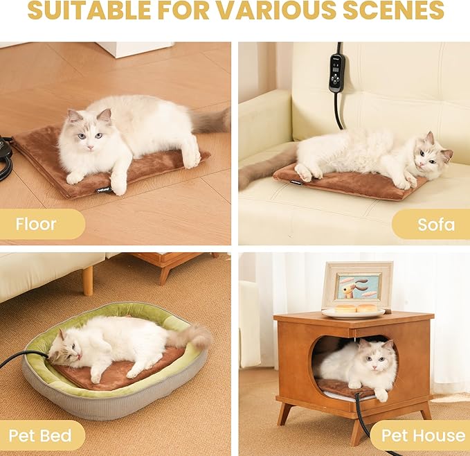 Pet Heating Pad for Cats and Dogs, Heated Cat Bed & Dog Heating Pad with 5 Temperature Levels, Waterproof Heated Pet Mat with Timer, Auto Power-Off and Chew Resistant Cord, 20'' x 16''